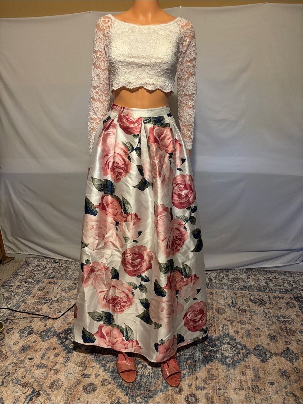 2 Piece Set with White Lace Crop Top and Pink Rose Satin Skirt